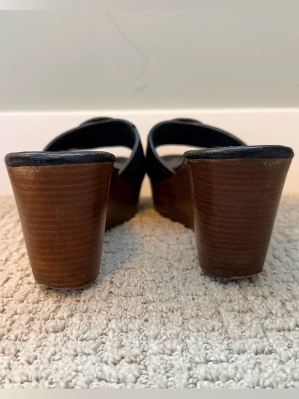 Black Leather Platform Slide Wedges with Gold TB Medallion - Picture 5 of 6